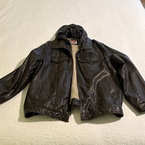 Levi's Dark Brown Leather Jacket with Gray Hood